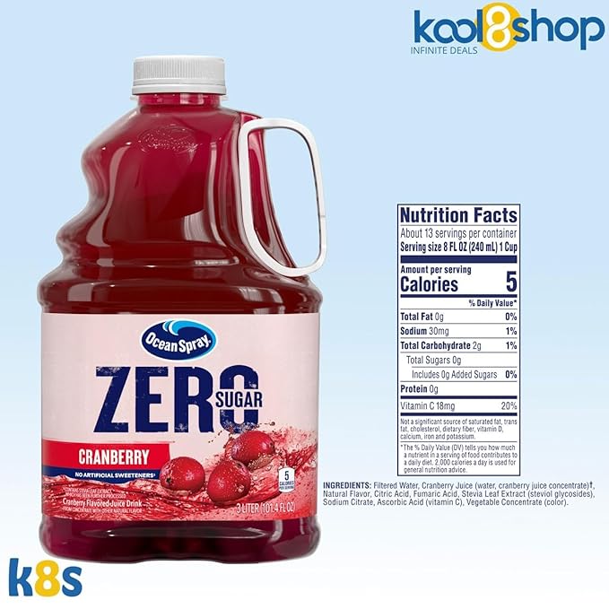 Ocean Spray Zero Sugar Cranberry Juice Drink 101.4 fl oz Plastic Bottles 2 Pack + 15 Sugarcane Disposable Straws by KOOL8SHOP Infinite Deals