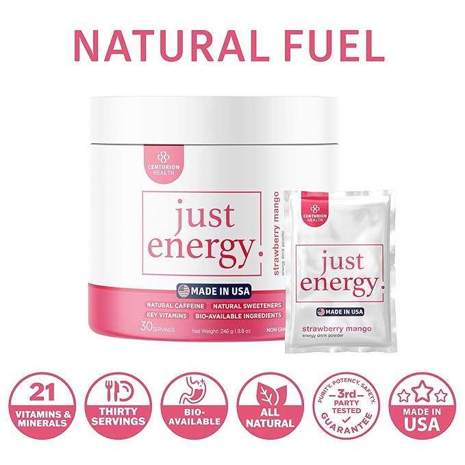 Just Energy Drink Powder Refreshing Strawberry Mango Energy Drink Mix with 21 Energy-Boosting Ingredients Includes B Vitamins Choline Zinc Chromium and Inositol 30 Servings