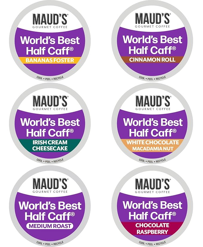 Maud's Half Caff Coffee Pods Variety Pack 48 ct 6 Assorted Flavors Medium Roast Coffee in Single Serve Pods – 100% Arabica Coffee Compatible with Keurig K Cups Maker