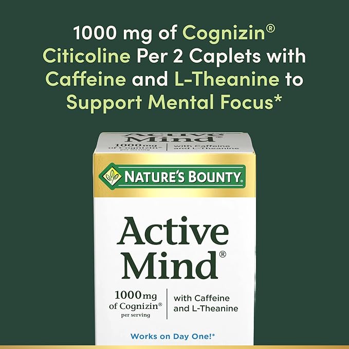 Nature's Bounty Active Mind Dietary Supplement Supports Focus and Attention 1000 mg Cognizin with L-Theanine and Caffeine Pills 60 Caplets