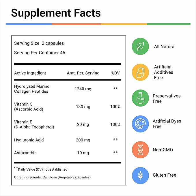 LivingRock Collagen Complex 1600mg with Type I Marine Collagen Hyaluronic Acid Astaxanthin Vitamin C &amp E Natural Multi-Ingredient Formula 90 Vegetable Capsules 45-Day Supply