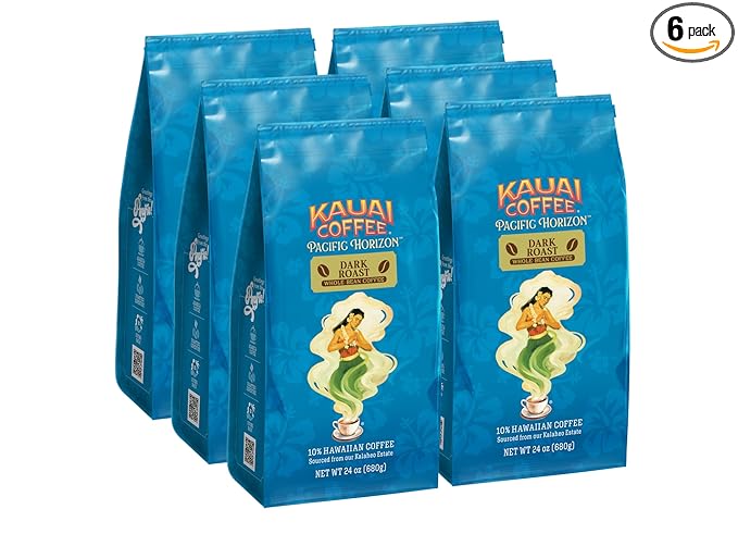Kauai Coffee Whole Bean Coffee – Smooth Non-Bitter Pure Arabica – Nutty Notes and Sweet Chocolate Overtones – Grown on Hawaii's Largest Coffee Farm – Koloa Estate Dark Roast 6 Packs of 24oz