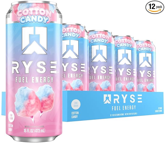 RYSE Fuel Energy Drink - Cotton Candy - Sugar Free Gluten Free &amp Vegan - 200mg Natural Caffeine Taurine &amp Choline for Focus &amp Energy - No Artificial Colors - 16 fl oz Cans (12-Pack)