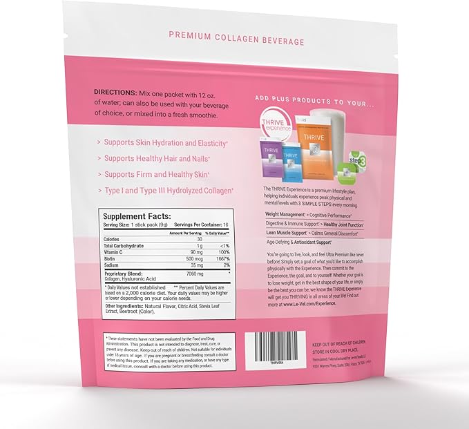 Thrive Premium Collagen Powder Drink - Pink Lemonade - Type I and III Collagen Hyaluronic Acid Biotin Vitamin C (16 Stick Packets Pink Lemonade - No Caffeine)