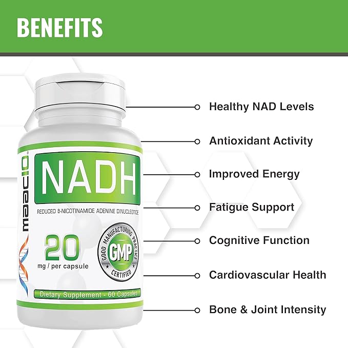 MAAC10 NADH Supplement 20mg Each 60 Capsules for Energy Fatigue Mental Focus &amp NAD+ Longevity Support | Pharmaceutical Grade 99% Pure NADH (Pack of 2)