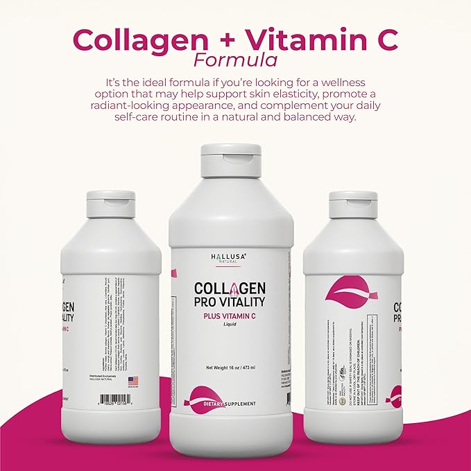 Hallusa Natural COLAGENO LIQUIDO HIDROLIZADO MAS VITAMINAS C | Collagen Pro Vitality Plus Vitamin C | Liquid Hydrolyzed Collagen 16oz with Vitamin C | Healthy Hair Skin Nails Bone &amp Joint Suppo