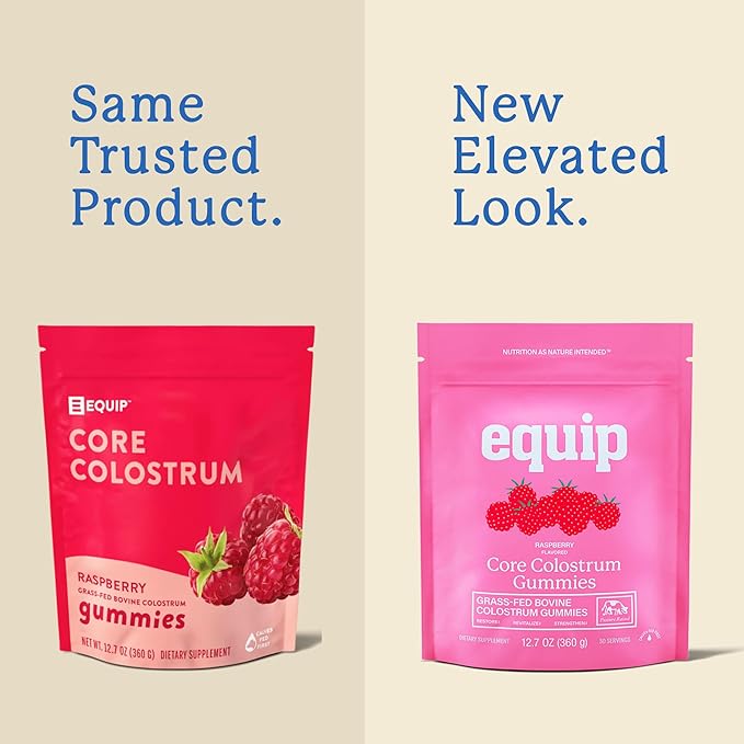 Equip Foods Core Bovine Colostrum Gummies - Delicious 1g Per Seving Grass Fed Colostrum Supplement - Gut Health Immunity Recovery Hair &amp Skin - 60 Bovine Colostrum Gummies 30 Servings Raspber