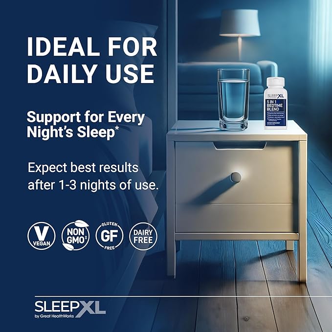 SleepXL Sleep Supplement Non-Habit-Forming Formula - Fall Asleep Faster &amp Sleep Longer - 5 key ingredients include Melatonin L-Theanine Chamomile Magnesium &amp Vitamin B6 (60 Capsules 30 Ser