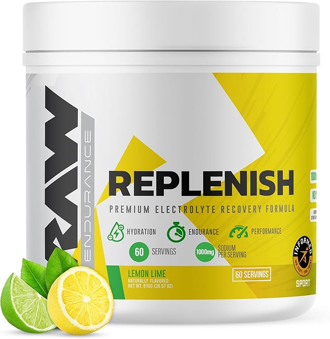 RAW Replenish Premium Electrolytes Powder Recovery Formula Lemon Lime (60 Servings) - Flavored Electrolyte Drink Mix Supplement for Hydration Replenishment Endurance &amp Performance Workouts