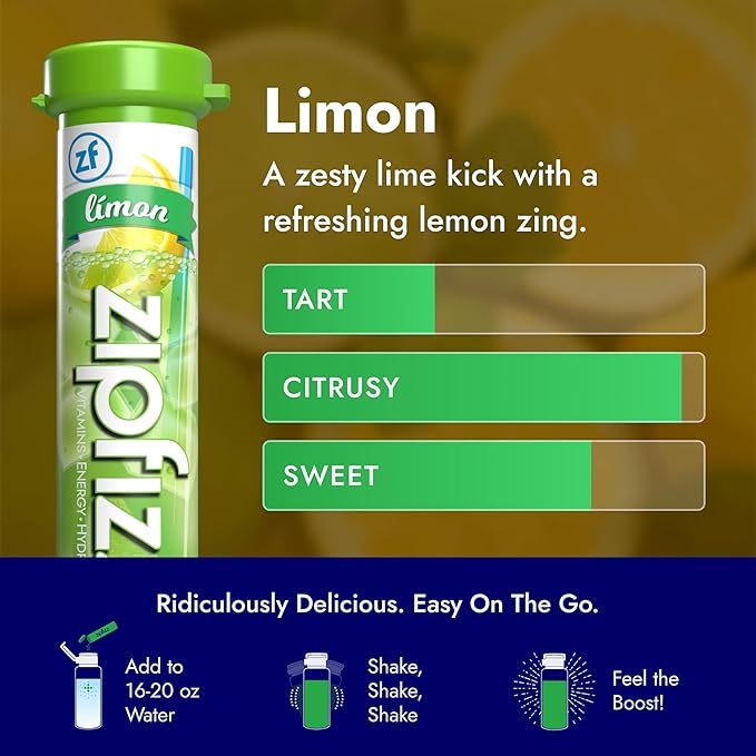 Zipfizz Daily Energy Drink Powder Limon 20 Pack | 3-in-1 Sustained Energy Rapid Hydration and Essential Vitamins | Sugar-Free | Electrolyte Powder | Contains Vitamin B-12 &amp Antioxidants
