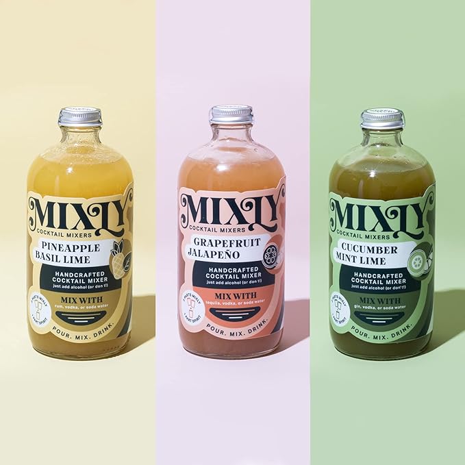 Mixly Favorites Bundle Pineapple Basil Lime Grapefruit Jalapeno Cucumber Mint Lime Made with Fresh Squeezed Juice Ready to Drink Use with Your Preferred Liquor or Soda Water Set of 3 Mixers