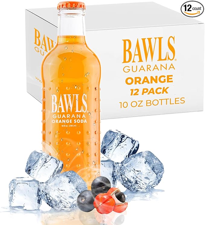 BAWLS Guarana Mandarin Orange BAWLS Guarana Drink Guarana Soda Guarana Fueled Soda for Energy High Energy Caffeinated Drink 10oz 12 Pack Glass Bottles