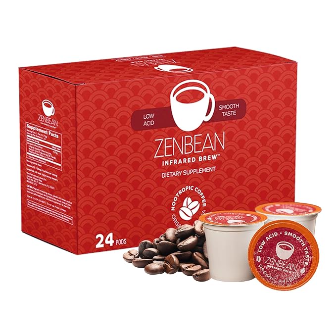 Zenbean Infrared Brew - 24 Low Acid Coffee Pods Nootropic Coffee Capsules with Rhodiola Rosea K-Cup Compatible with Capsule Machines Balanced Flavor Helps Improve Focus &amp Alertness