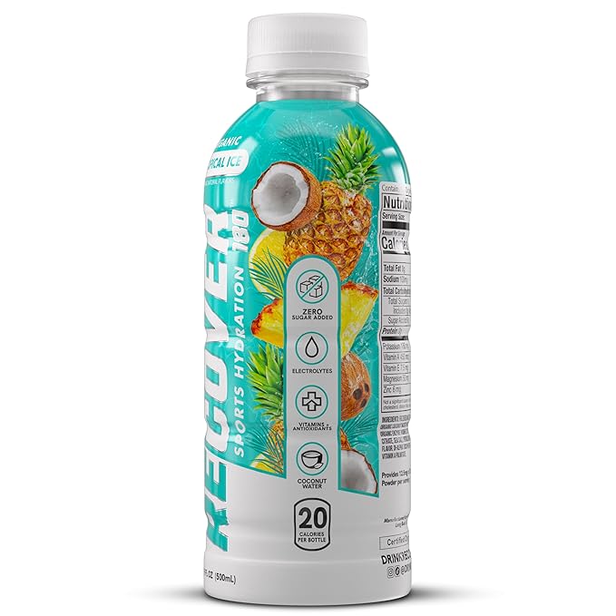 RECOVER 180 Organic Sports Hydration Drink No Sugar Added 20 Calorie Sports Beverage Organic Flavors With Vitamins Potassium-Packed Electrolytes (16.9 Fl Oz (Pack of 12) Tropical Ice)