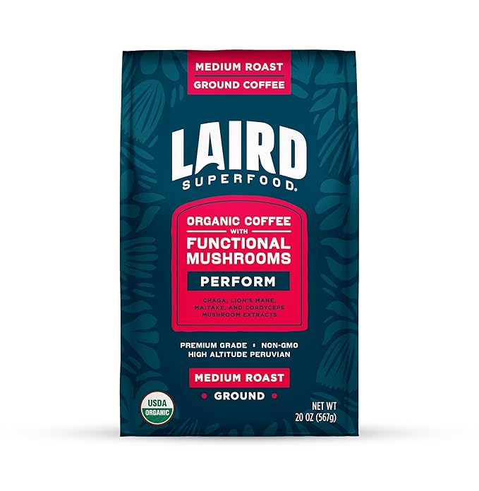 Laird Superfood Peruvian Medium Roast Coffee with Functional Mushrooms Certified Organic Peruvian Ground Coffee Beans Gluten-Free Dairy-Free Non-GMO Paleo Keto Friendly 20 oz. Bag