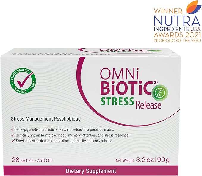 OMNi BiOTiC Stress Release - Clinically Tested Probiotic for Stress Management &amp Gut-Brain Axis Support - Stress Probiotic and Mood Probiotic - Vegan Non-GMO (28 Daily Packets)