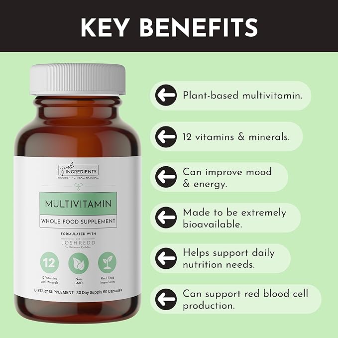 JUST INGREDIENTS Multivitamin Supplement - Plant-Based Vegetarian Muscle Growth - 60 Capsules