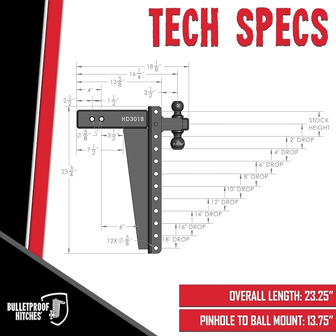 BulletProof Hitches - 3.0 Adjustable Heavy Duty Trailer Hitch (22000 lb. Rating) - 18 Drop/Rise Trailer Hitch with 2 &amp 2-5/16 Dual Ball - Powder Coat Solid Steel Corrosion-Resistant