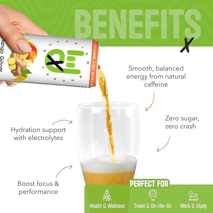 Superior Energy Electrolytes Drink Zero Calories – Energy Drink Zero Sugar – Mango Ginger Flavor 90mg Natural Caffeine – Pack of 12 (12 fl oz each)