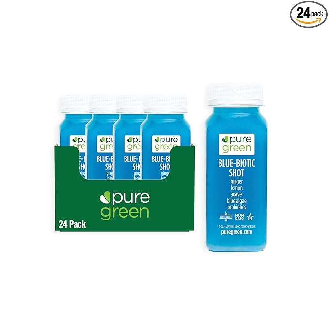 Pure Green Cold Pressed Shots - Blue Biotic Shot - Fresh Functional Blend w/ Lemon Ginger Blue Algae - Natural Gluten Free Non-GMO No Artificial Colors or Flavors - Made from Real Fruits &amp Ve