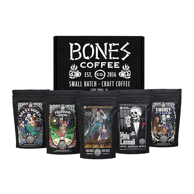 Bones Coffee Company NEW World Tour Bundle with Specialty Mug and Favorite Flavors Sample Pack | Ground Coffee Beans Bundle
