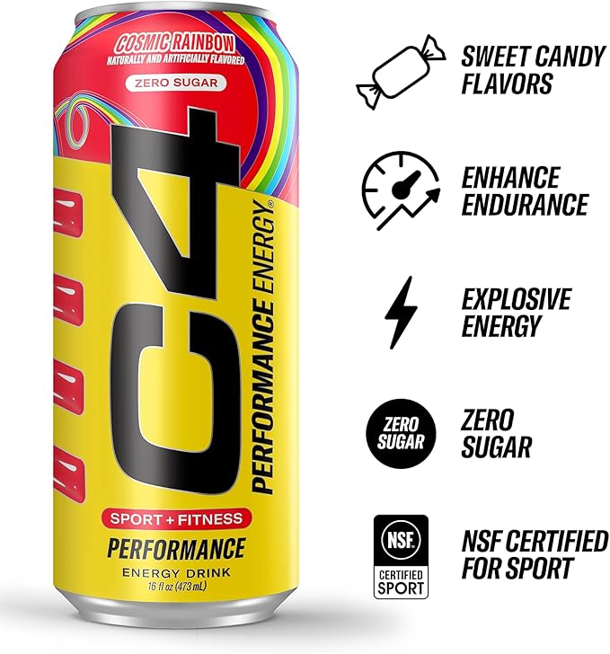 Cellucor C4 Performance Energy Drink | Cosmic Rainbow | Zero Sugar Carbonated Preworkout Energy | 200mg Caffeine with Beta Alanine | 16 Fl Oz (12 Pack) Packaging May Vary
