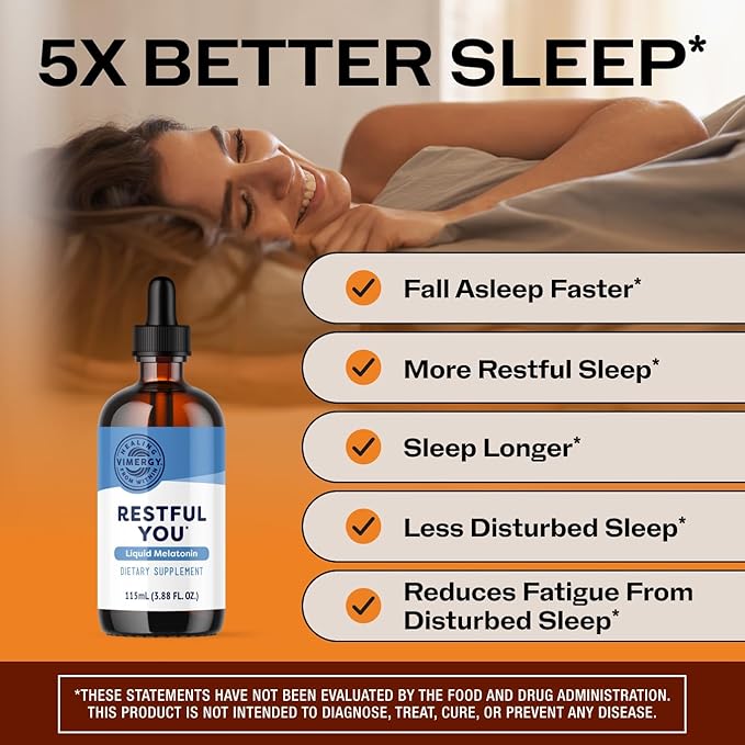 Vimergy Restful You* Liquid Melatonin - Fast-Absorbing Support for Restorative Sleep. Customizable Serving Size. Kosher Vegan Paleo-Friendly Non-GMO. Serving Size: Adults 1mL Kids 0.2mL.*