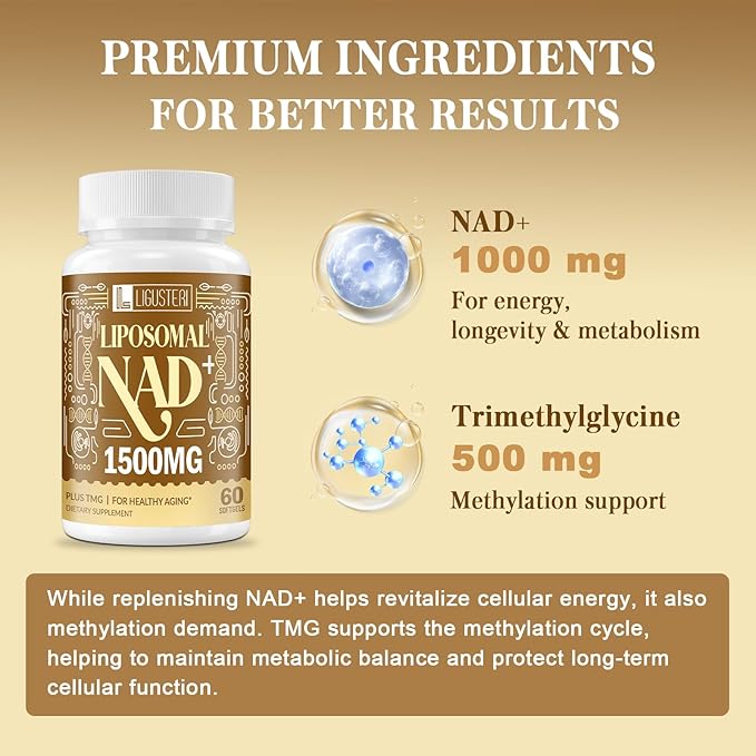 1500 MG Liposomal NAD+ 98%+ Absorption NAD+ Supplement for Women &amp Men with TMG for Aging Defense Cellular Energy Heart &amp Brain Function Longevity 60 Softgels