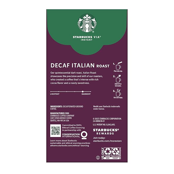 Starbucks VIA Instant Coffee Dark Roast Coffee Decaf Italian Roast Arabica Beans Single-Serve 1 Box (20 Packets)