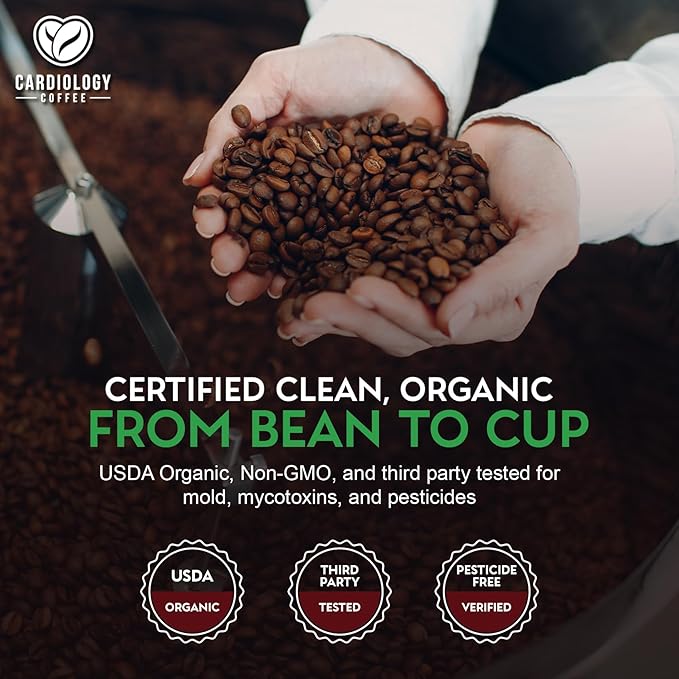 Cardiology Coffee – Medium Roast Decaf Coffee Beans – USDA Certified Organic Mold Free 12oz Premium Whole Bean Coffee – Decaf Barista-Style Beans with Swiss Water Decaf and Antioxidant Benefits