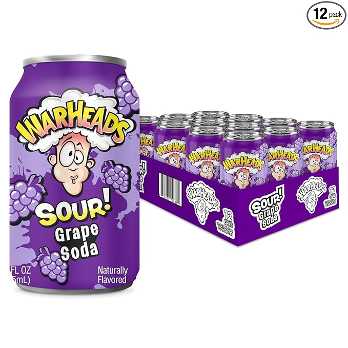 Sour Fruity Soda with Classic Warheads Flavors – Perfectly Balanced Sweet and Sour Soda - Warheads Candy Throwback Treat Soda Cocktail Mixer Pack of 12 12oz Cans (Grape)