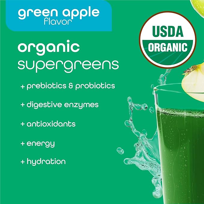 Zena Nutrition Organic Super Greens Energy &amp Hydration Powder 70+ Superfoods 0 Sugar 5G Fiber Spirulina Chlorella Prebiotics/Probiotics Natural Caffeine + Electrolytes 40 Drink Mix Packets