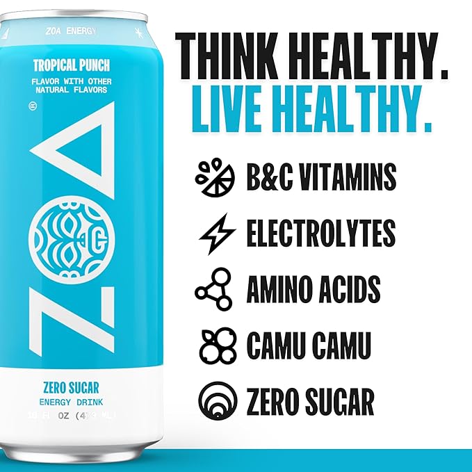 ZOA Zero Sugar Energy Drinks Tropical Punch - Sugar Free with Electrolytes Healthy Vitamin C Amino Acids Essential B-Vitamins and Caffeine from Green Tea - 16 Fl Oz (12-Pack)