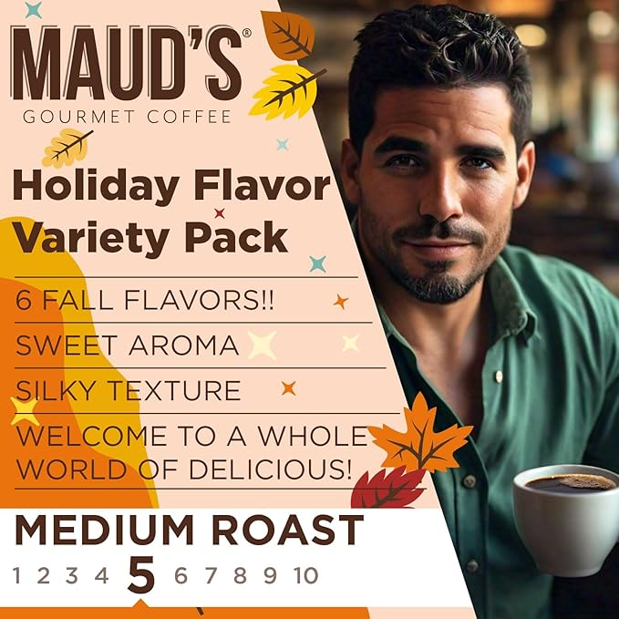 Maud's Fall Flavored Coffee Pods Variety Pack 42ct 6 Assorted Flavors Medium Roast Coffee in Single Serve Pods – 100% Arabica Beans Compatible with Keurig K Cups Maker