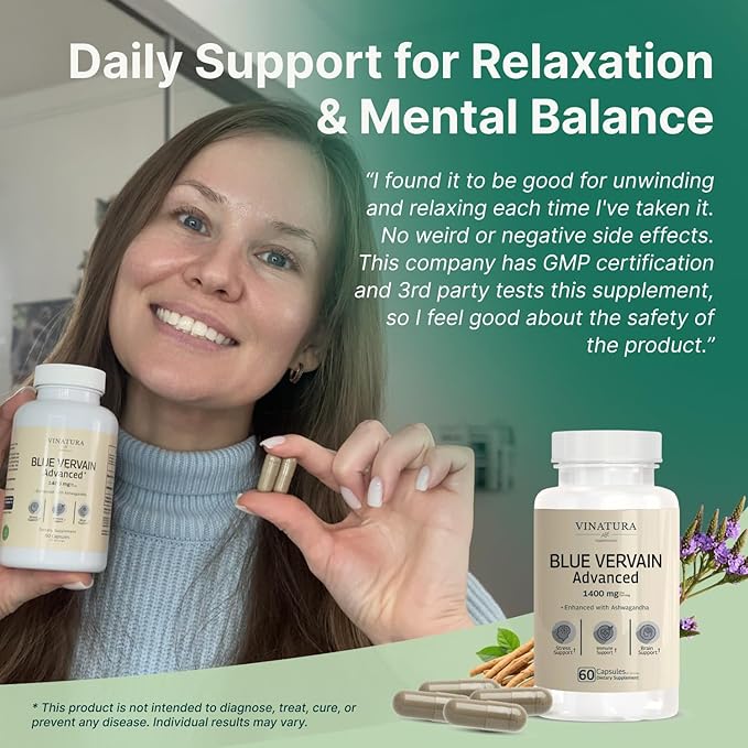 VINATURA Blue Vervain Advanced with Ashwagandha - 1400mg per serv Blue Vervain Capsules Blue Vervain Tea Alternative Brain Health Stress Relief Ashwagandha Supplements - 60 Capsules