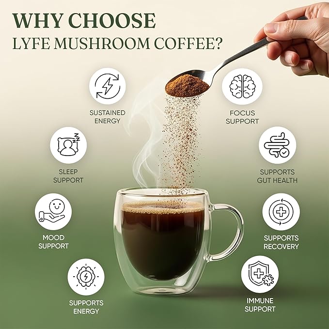 LYFE Organic Instant Mushroom Coffee 40 Servings – Lion’s Mane Chaga Cordyceps &amp Turkey Tail | USA Grown Adaptogenic Blend for Energy Focus &amp Wellness - Natural Superfood Coffee for Daily