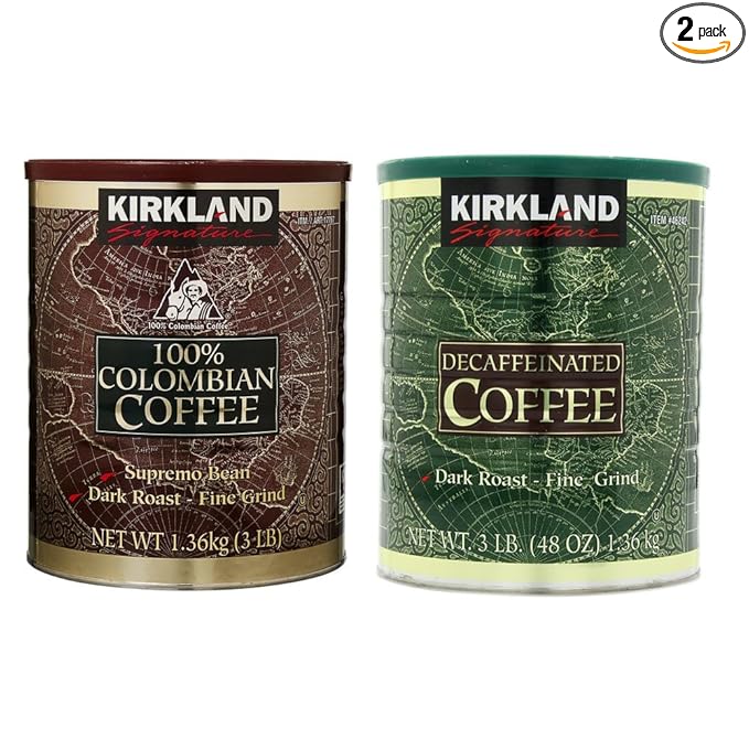 Kirkland Signature 100% Colombian Coffee and Dark Rost Fine Grind Decaf Arabica Coffee Bundle-Includes Kirkland Signature Colombian Coffee(3 LB) Kirkland Signature Decaf Arabica Coffee 48 Ounce