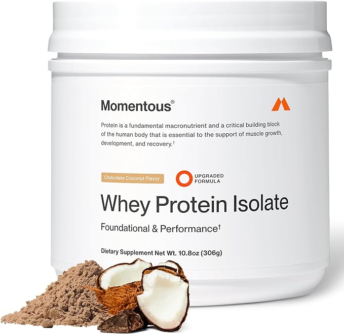 Momentous Essential Grass-Fed Whey Protein Powder - 20 g Whey Isolate Protein - NSF Certified for Sport - Gluten-Free - 12 Servings for Essential Everyday Use - Chocolate Coconut - Package May Vary