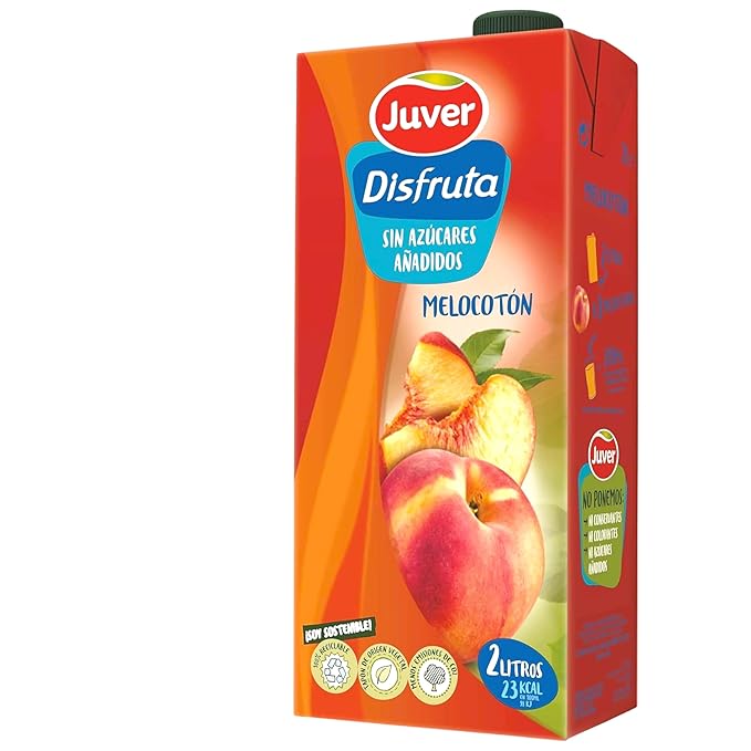 Juver Disfruta Sugar-Free Spanish Peach Fruit Drink 2 Liters (67.6 fl oz). Natural Peach Nectar No Added Sugars 6 Pack Box Delicious Healthy Nectar Drink – Made from Premium Sun-Dried Spanish Frui
