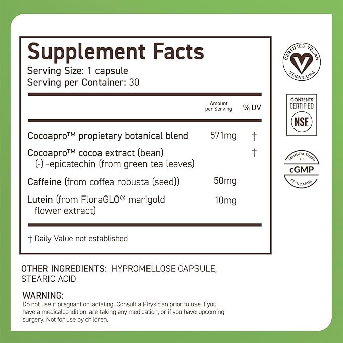 CocoaVia Memory &amp Focus Brain Supplement 30 Day Cocoa Flavanol Blend Lutein Added Caffeine for Boost. Improve Cognitive Function Attention Vegan &amp Plant Based 30 Capsules