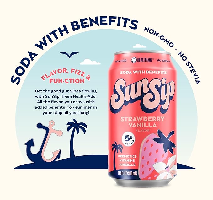 SunSip Prebiotic Soda by Health-Ade Better-for-You Soda Swap Beverage with Vitamins and Minerals Naturally Sweetened with 5g of Sugar Strawberry Vanilla 11.5 oz (12 Pack)