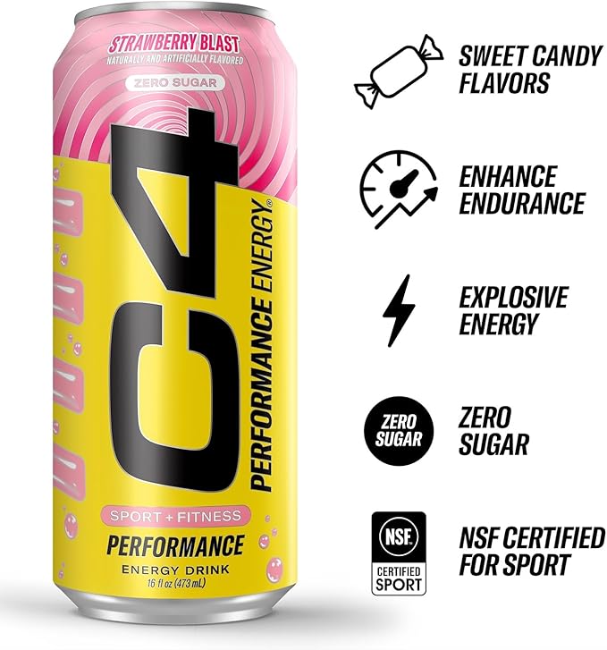 Cellucor C4 Performance Energy Drink | Strawberry Blast | Zero Sugar Carbonated Preworkout Energy | 200mg Caffeine with Beta Alanine | 16 Fl Oz (24 Pack)