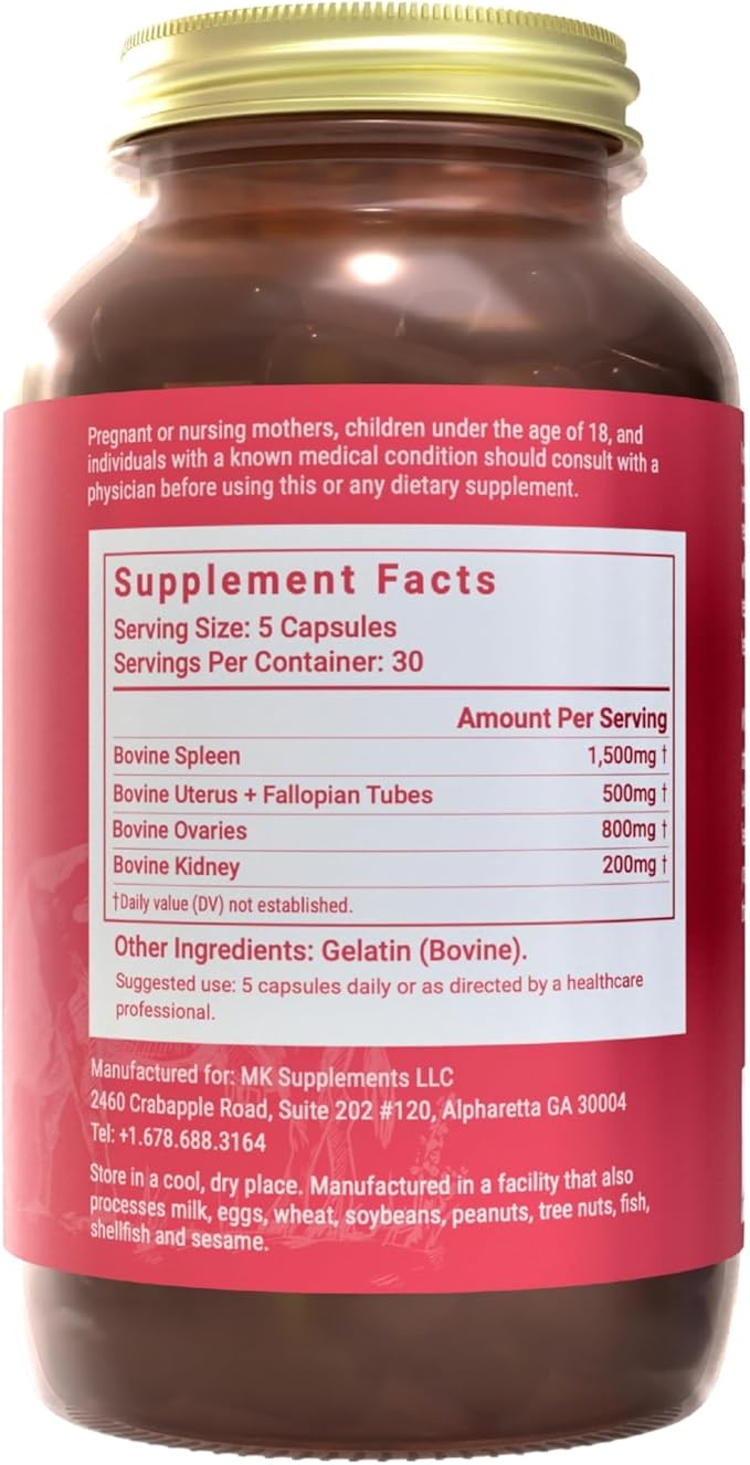 MK Supplements Female Vitality Beef Organ Supplement for Women Supports Reproductive Health and Hormone Balance Freeze-Dried Non-GMO 30 Servings (3000 mg Each)