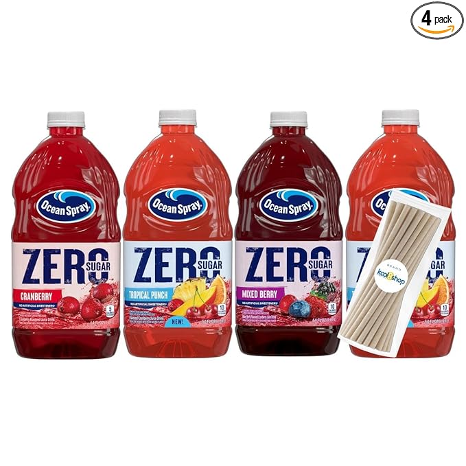 Ocean Spray Zero Sugar Zero Collection Fruit Juice Drink 64 fl oz 4 Pack + 15 Sugarcane Disposable Straws by KOOL8SHOP Infinite Deals