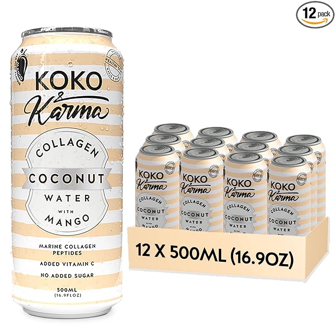 Koko &amp Karma – Pure Coconut Water with Marine Collagen Peptides &amp Mango Refreshing Taste with No Added Sugar or Preservatives – 12 Pack – 16.9 Ounce Cans