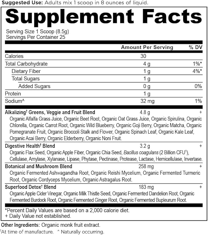 Ancient Nutrition Supergreens Alkalize &amp Detox Powder Organic Superfood Powder Made from Real Fruits Vegetables and Herbs for Digestive and Energy Support 25 Servings 7.5oz