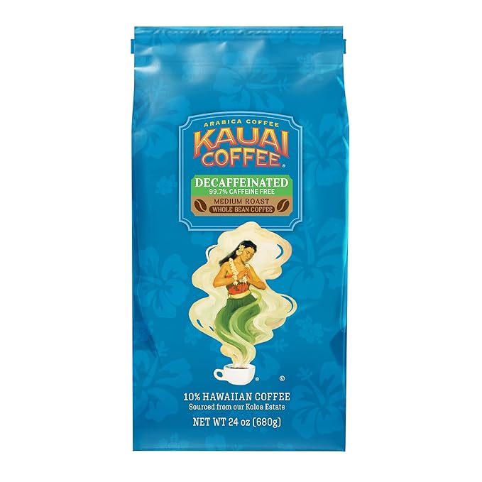 Kauai Coffee Whole Bean Coffee – Smooth Non-Bitter Medium Roast Pure Arabica – Floral Notes and Bright Aroma – Grown on Hawaii's Largest Coffee Farm – Decaf 1 Pack of 24oz