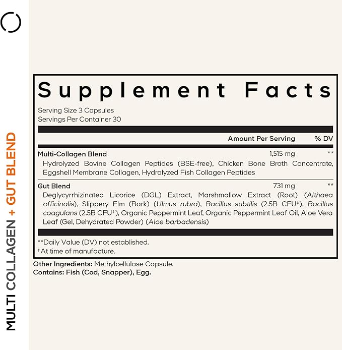 Codeage Multi Collagen + Gut Blend Supplement - Digestive Probiotics DGL Licorice Aloe Vera Organic Peppermint Leaf Slippery Elm - Hydrolyzed Bovine Collagen Pills - Non-GMO - 90 Capsules