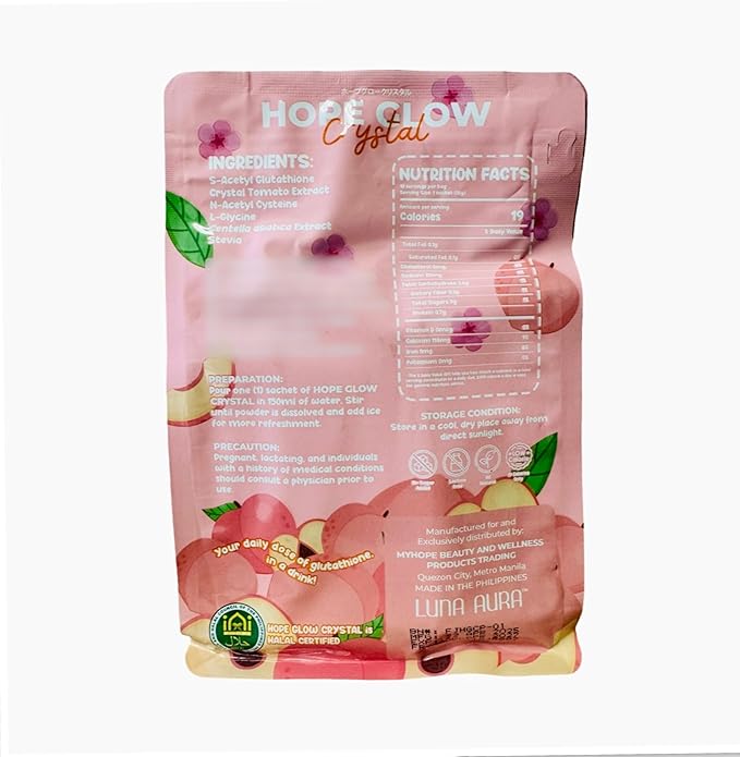 Luna Aura Hope Glow Crystal Peach Glutathione Juice Drink 10 Sachets