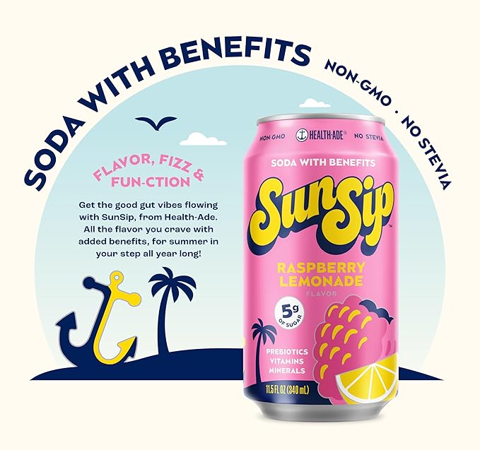 SunSip Prebiotic Soda by Health-Ade Better-for-You Soda Swap Beverage with Vitamins and Minerals Naturally Sweetened with 5g of Sugar Raspberry Lemonade 11.5 oz (12 Pack)